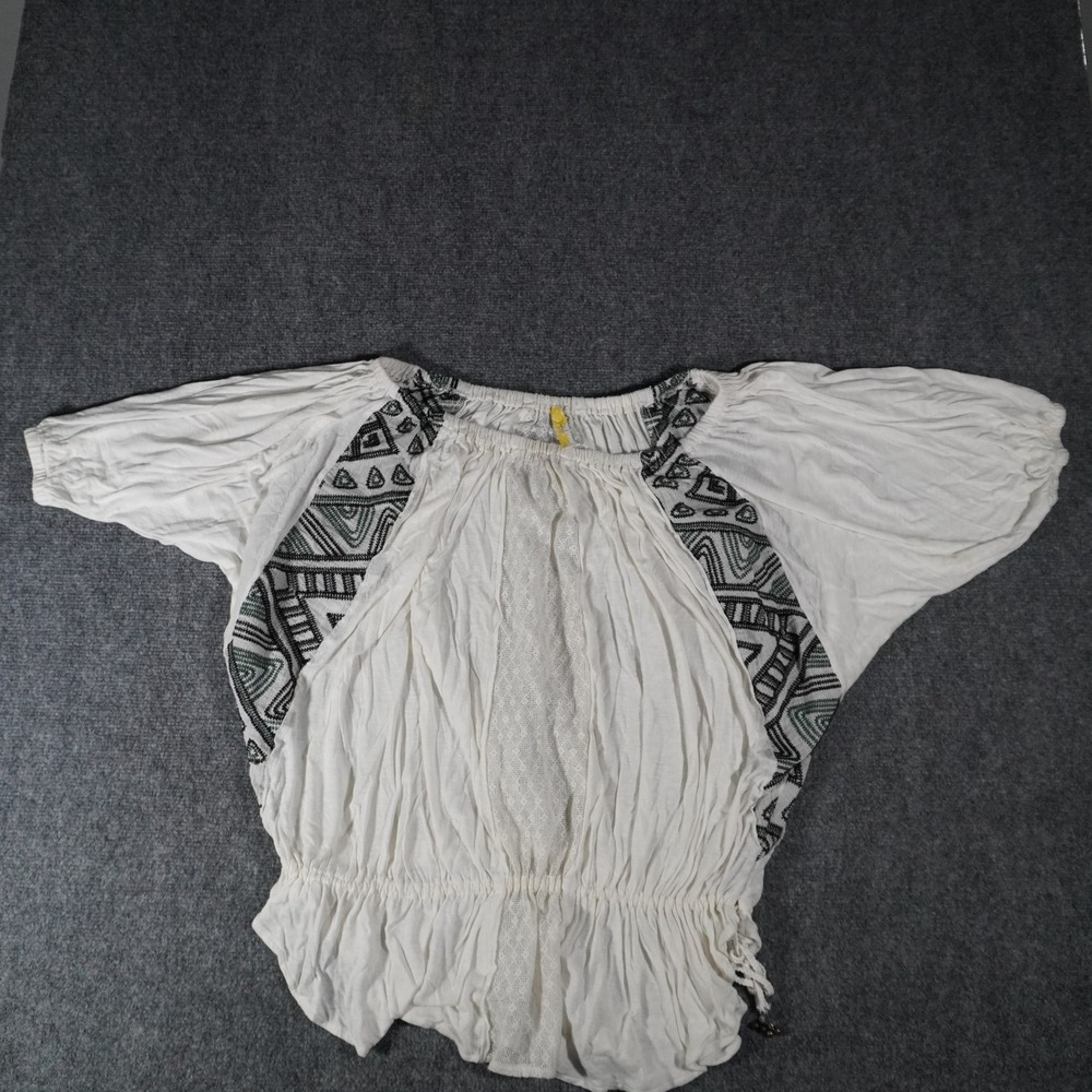 Free People White Embroidered Boho Dolman Sleeve Cinched Waist Blouse Top‎ S